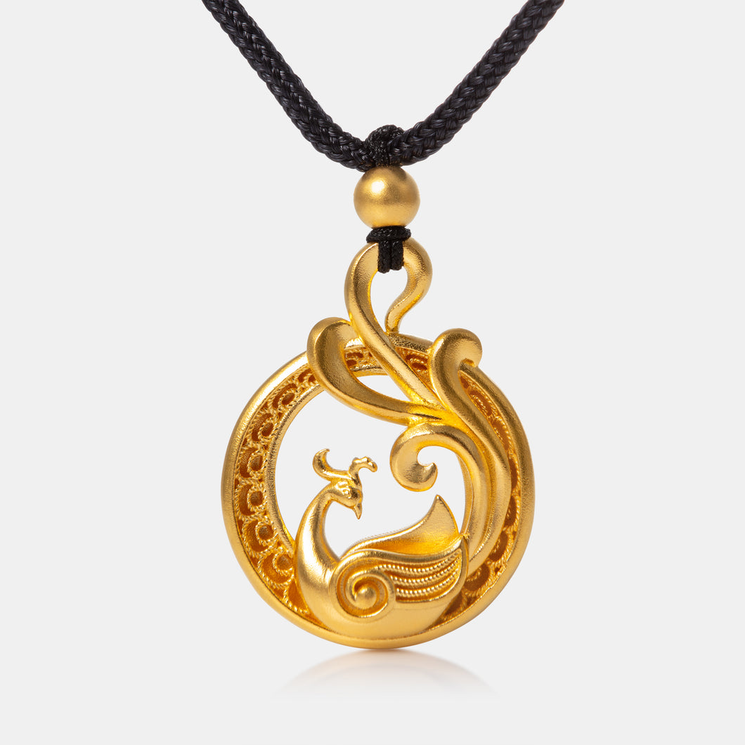 Front view of full phoenix pendant in 24K antique gold