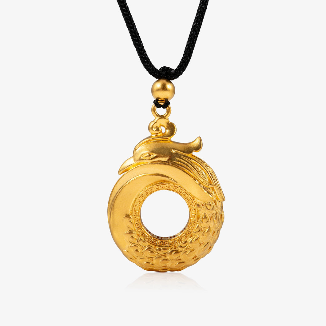 24K Antique Gold phoenix peace buckle pendant with matte texture and polished detailing on black cord necklace.