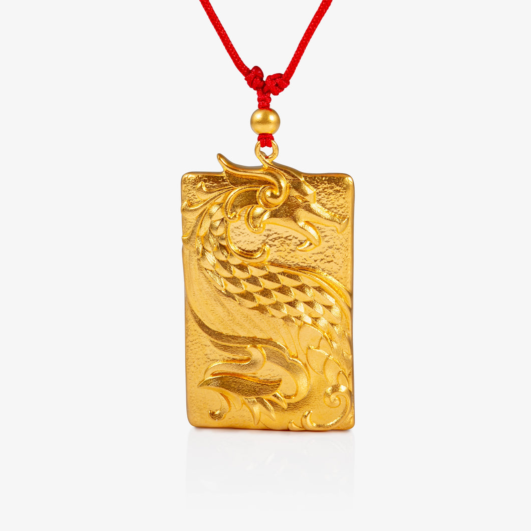 24K Antique Gold rectangular dragon tag pendant with raised relief and matte finish on a red cord necklace