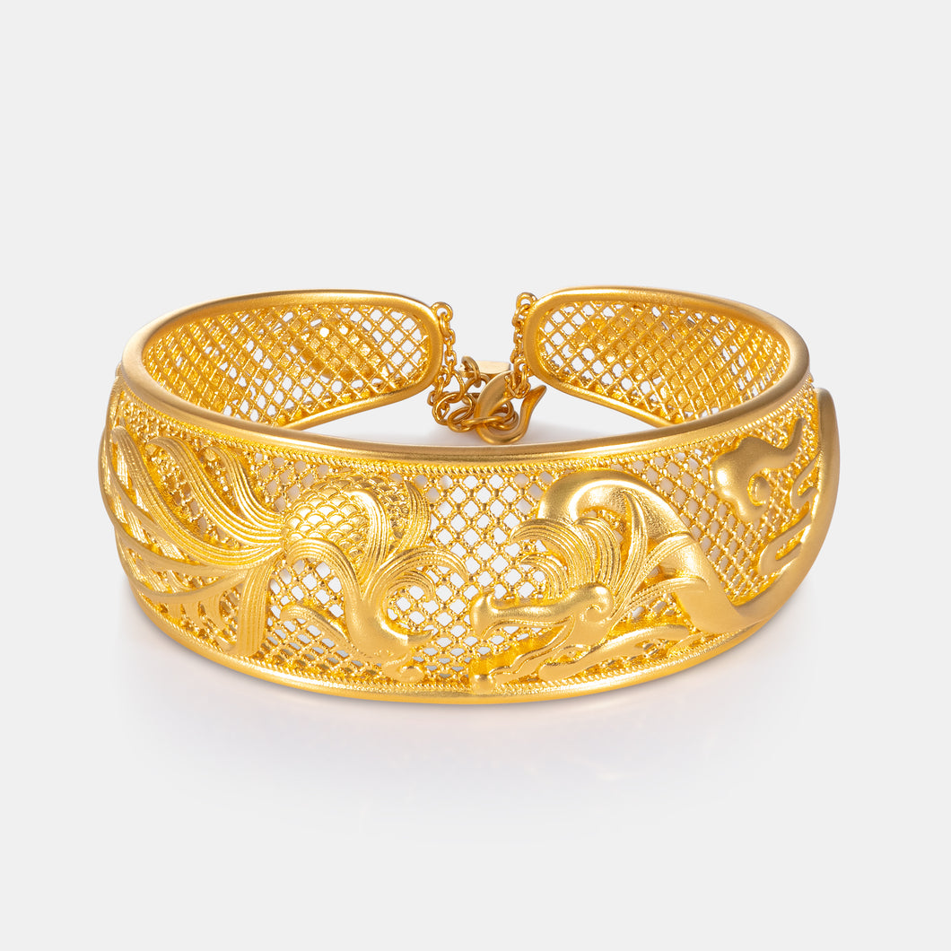24K Antique Gold Dragon and Phoenix Filigree Cuff
 龙凤呈祥足金镯 正面图