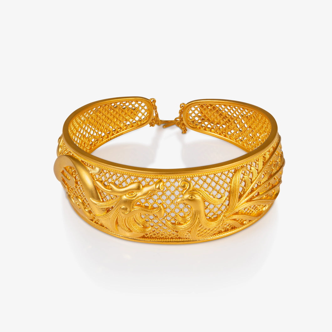 24K Antique Gold Filigree Dragon and Phoenix Bangle