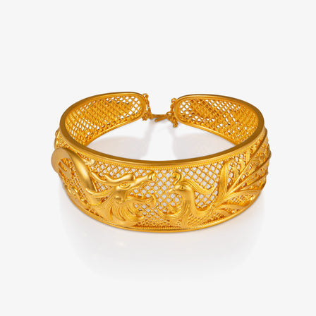 24K Antique Gold Filigree Dragon and Phoenix Bangle