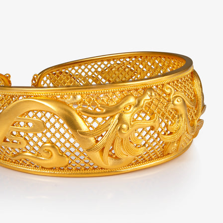 24K Antique Gold Filigree Dragon and Phoenix Bangle