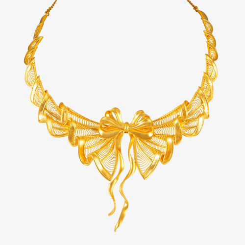 24K Antique Gold Filigree Bow Necklace