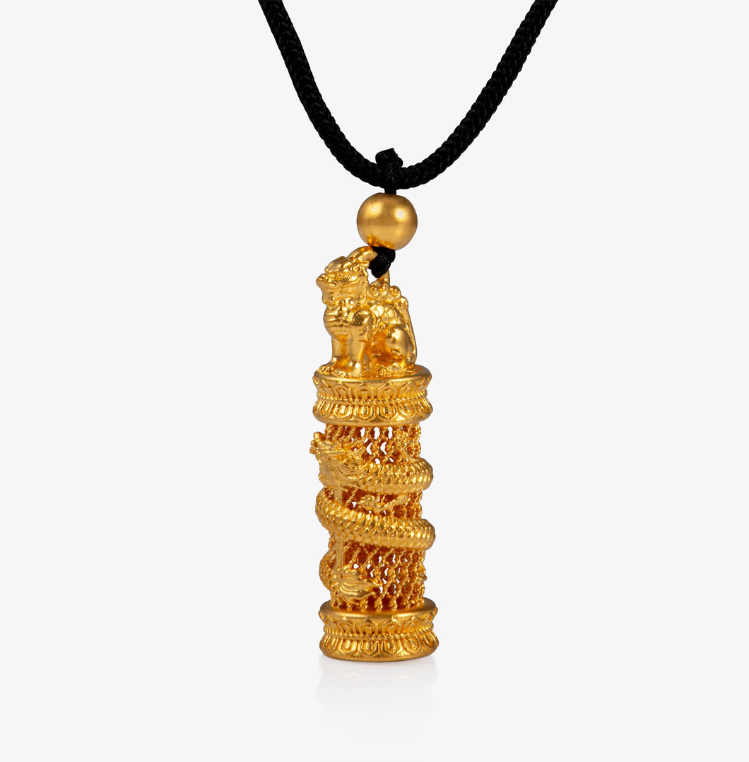 24K Antique Gold filigree Fu Dog cylinder pendant with carved relief and matte finish on black cord
