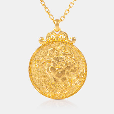 24K antique gold pendant with peony engraving