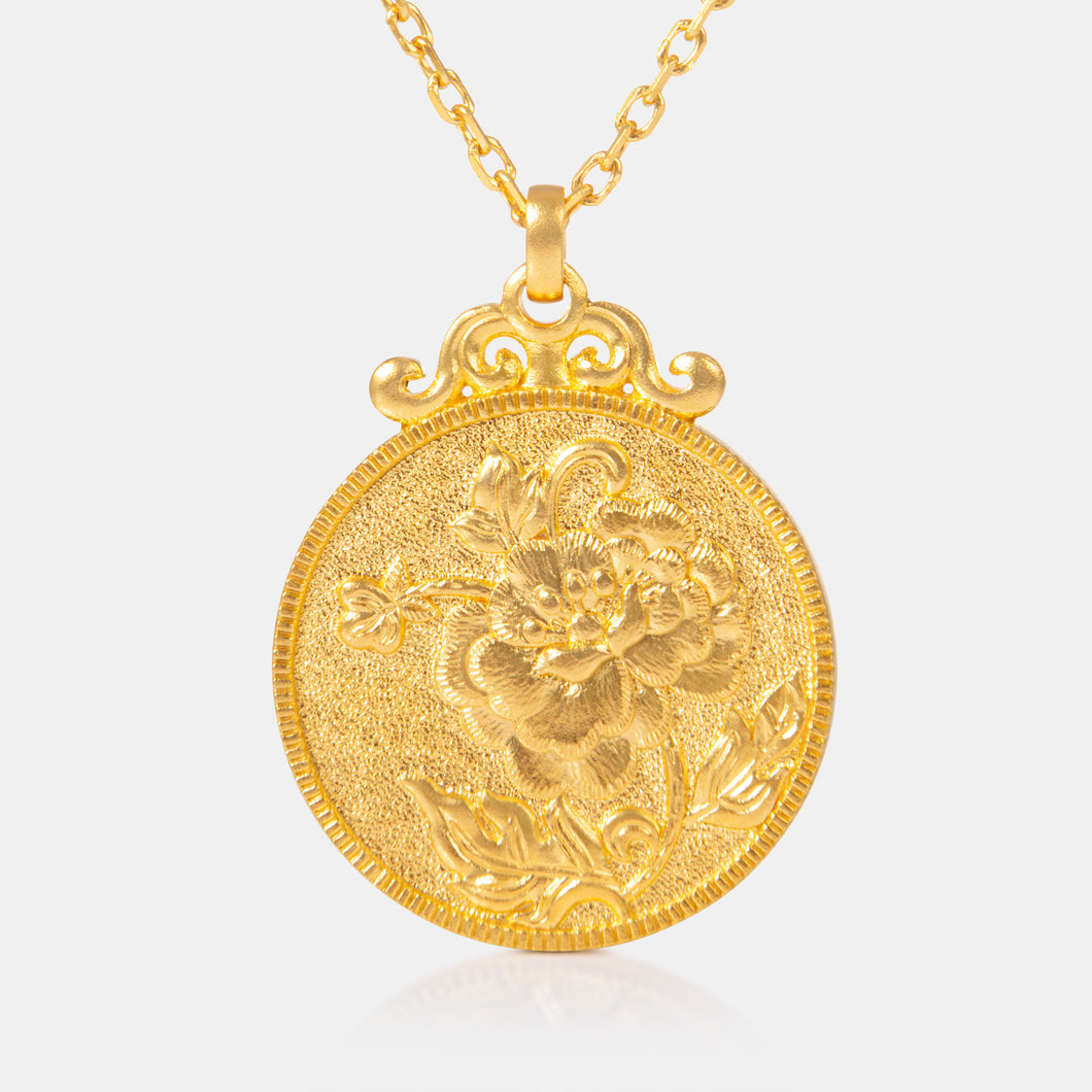 24K antique gold pendant with peony engraving