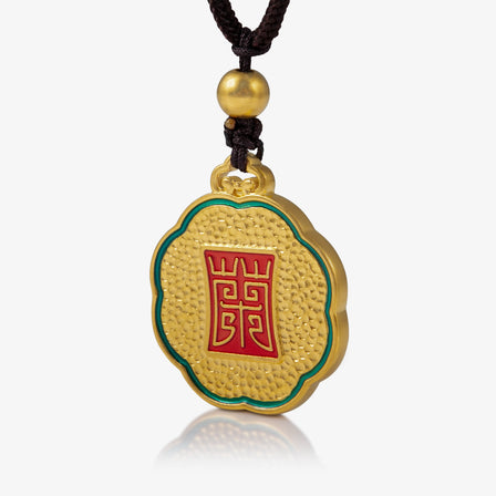 Enamel Peony Medallion Pendant in 24K Antique Gold