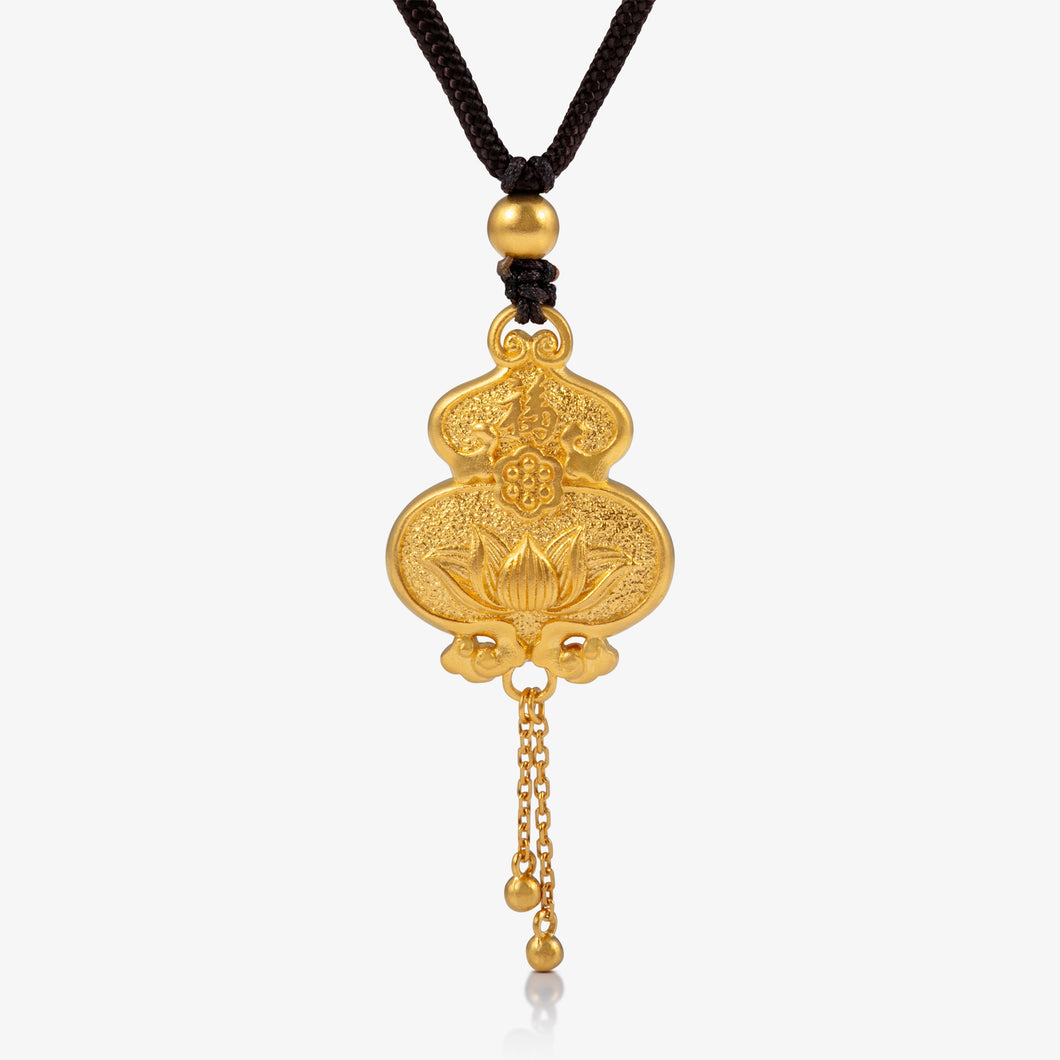 24K Antique Gold Lotus Hulu Pendant with Chain Dangles and 福 Character

24K古法金莲花福字葫芦吊坠，配流苏链饰