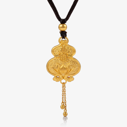 24K Antique Gold Lotus Hulu Pendant with Chain Dangles and 福 Character

24K古法金莲花福字葫芦吊坠，配流苏链饰