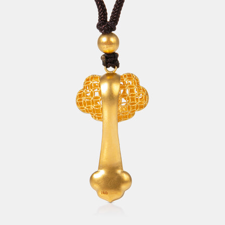 24K Antique Gold Filigree Ruyi Coin Necklace