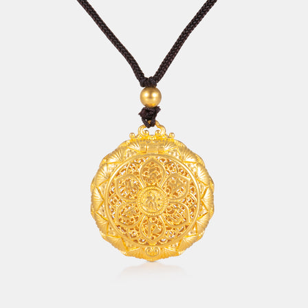 24K Antique Gold Lotus Locket Pendant with Hidden Guanyin Figure