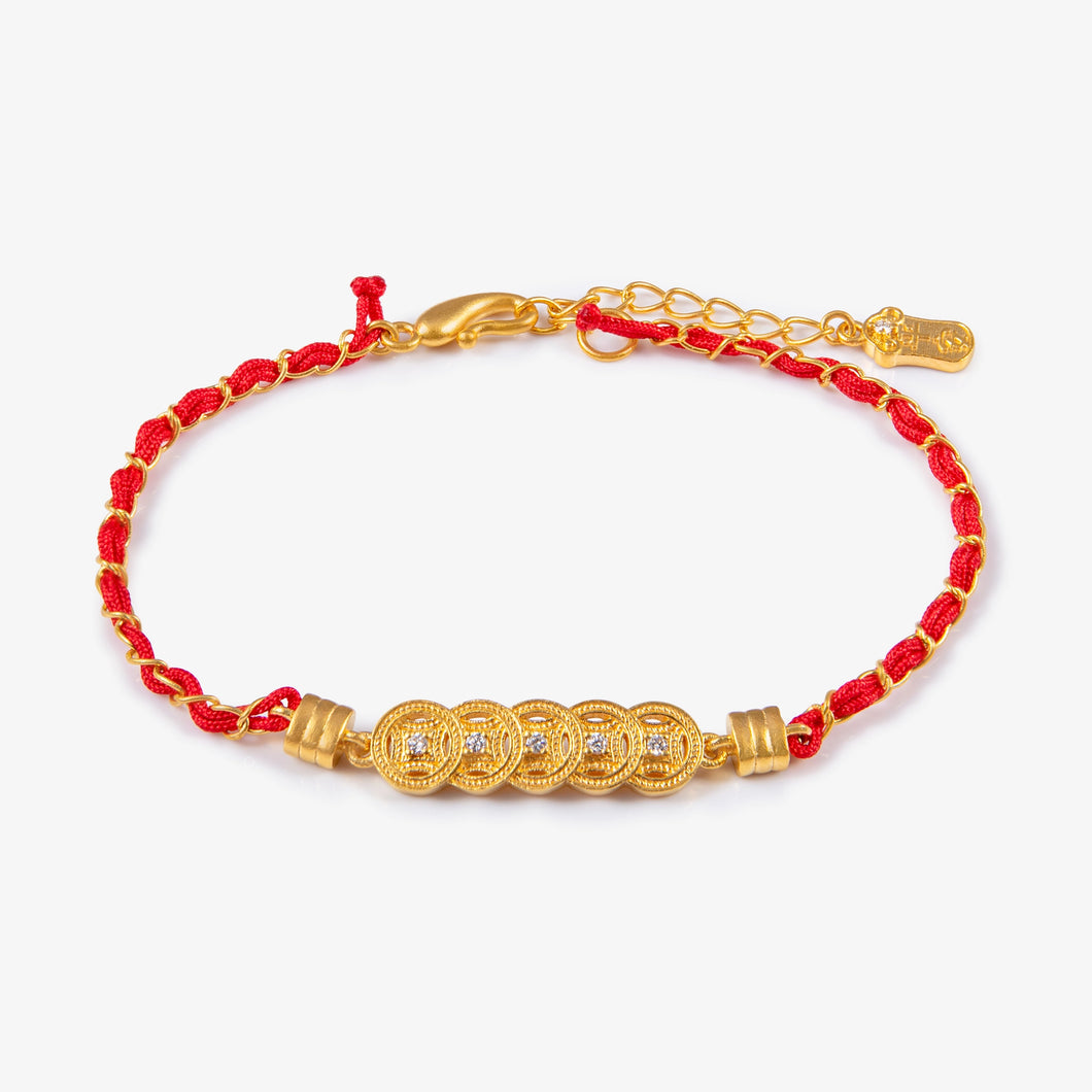 24K Antique Gold ancient coin bar bracelet with red woven cord and natural diamond accents