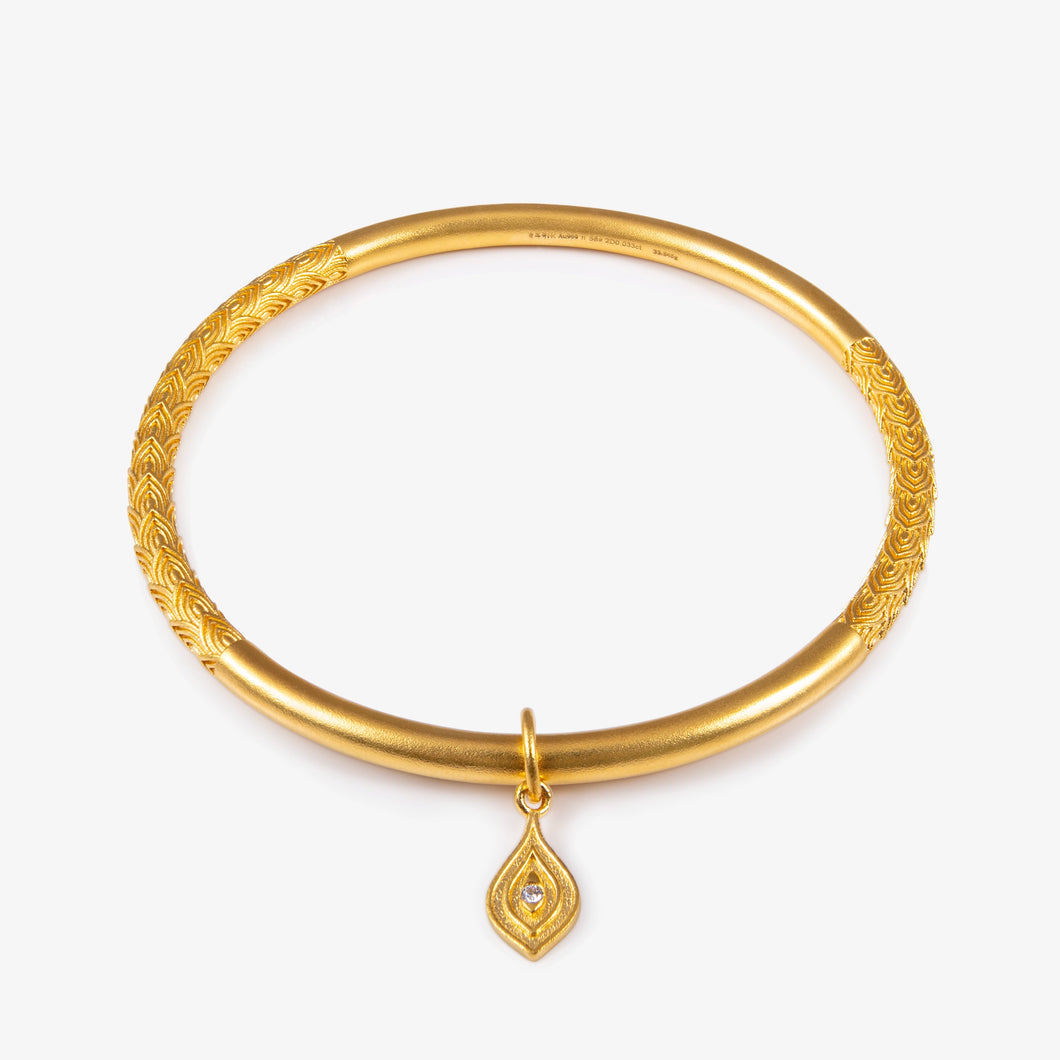 24K Antique Gold phoenix scale filigree bangle with suspended natural diamond charm