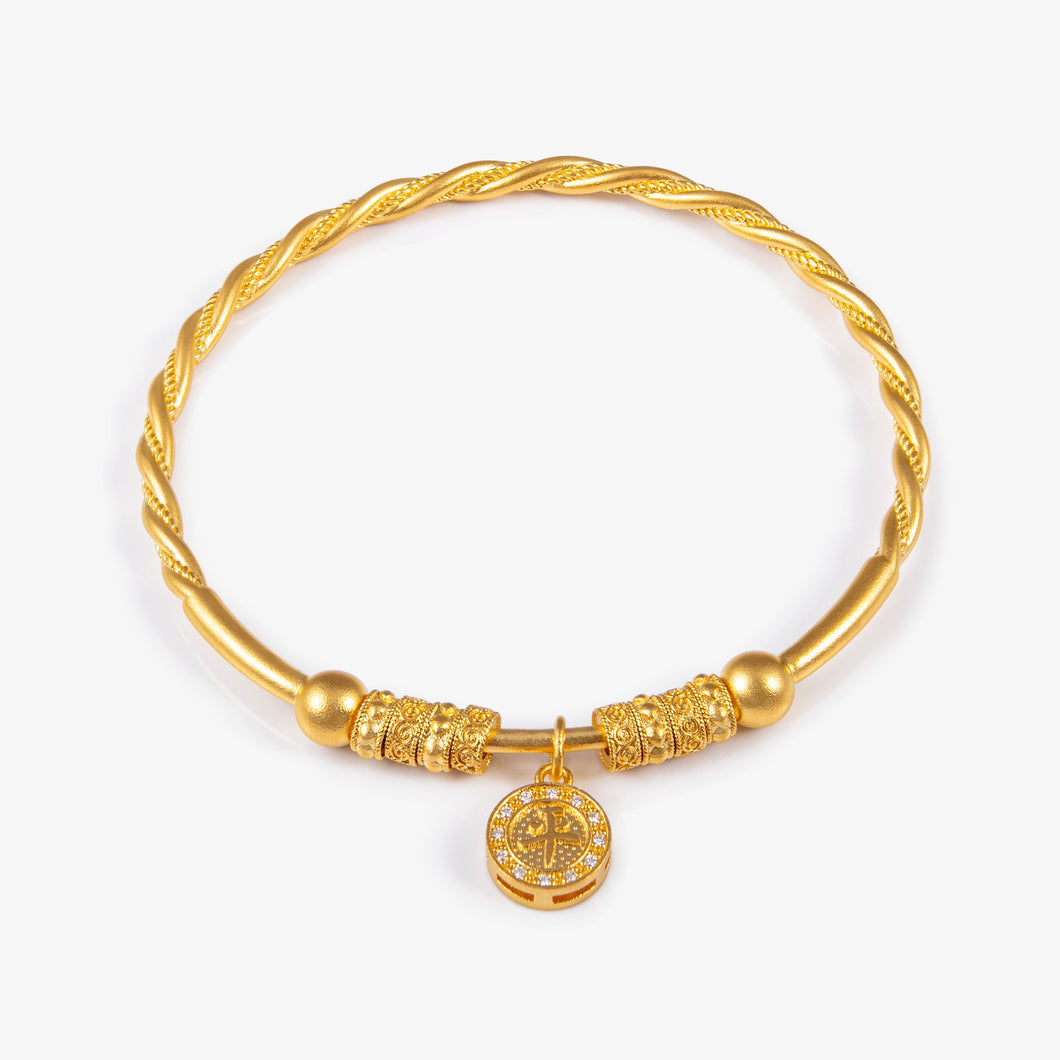 24K Antique Gold twist bangle with suspended ruyi charm and natural diamond accents