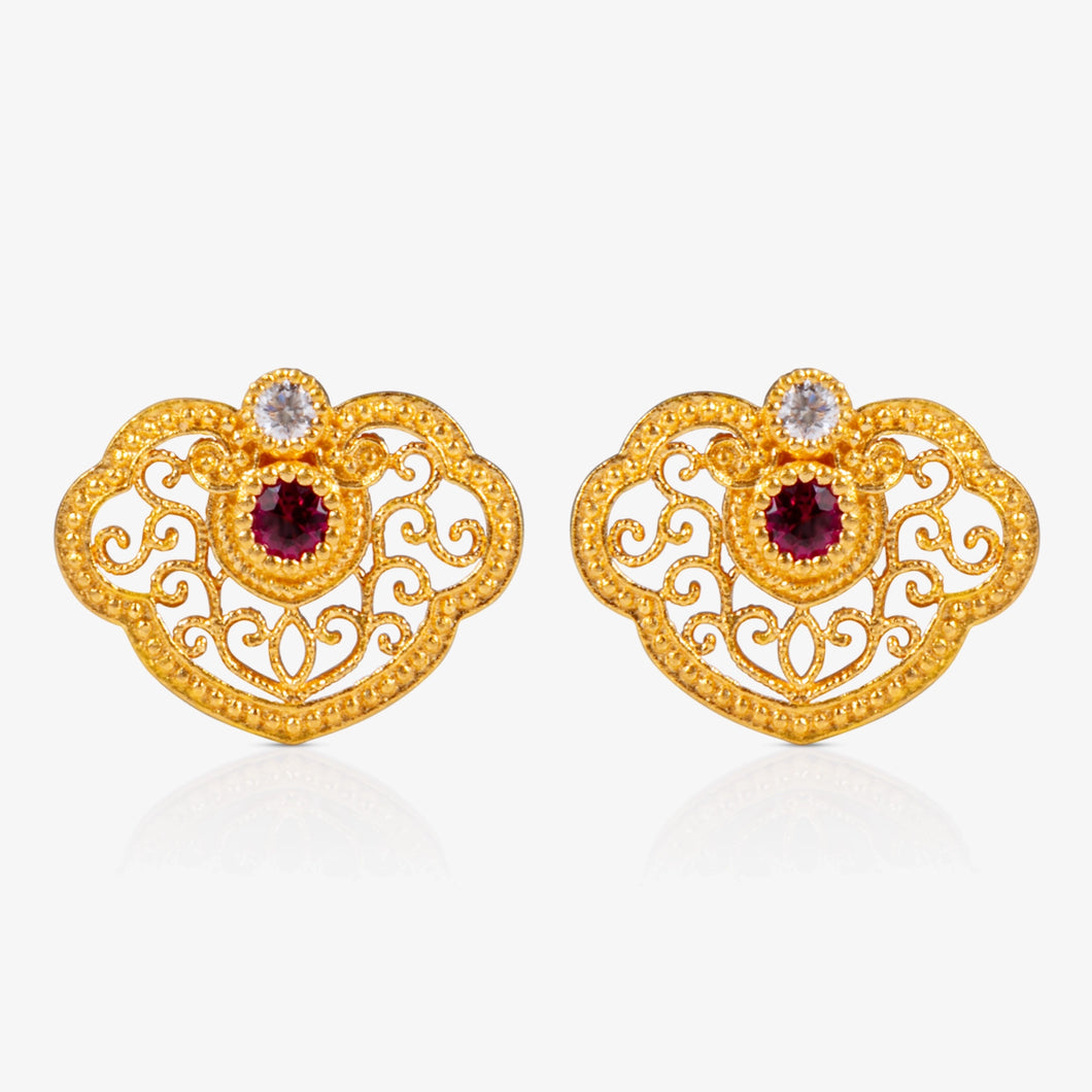 24K Antique Gold filigree ruyi stud earrings with ruby centre and natural diamond accents