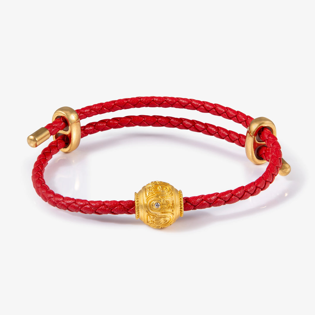 24K Antique Gold contour ball charm with natural diamond accents, compatible with red cord or beaded bracelet thread