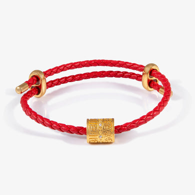 24K Antique Gold contour cylinder charm with natural diamond accents, compatible with red cord or beaded bracelet thread