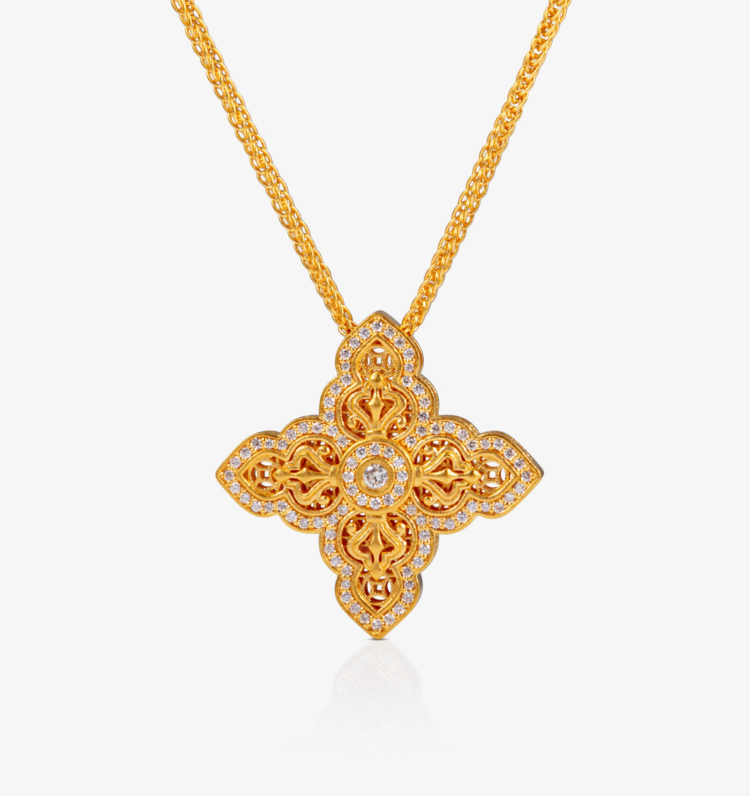 24K Antique Gold filigree cross pendant with sculpted detailing and natural diamonds on adjustable chain