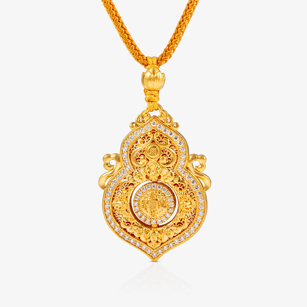 24K Antique Gold filigree hulu pendant with blessing character and natural diamond accents on adjustable chain