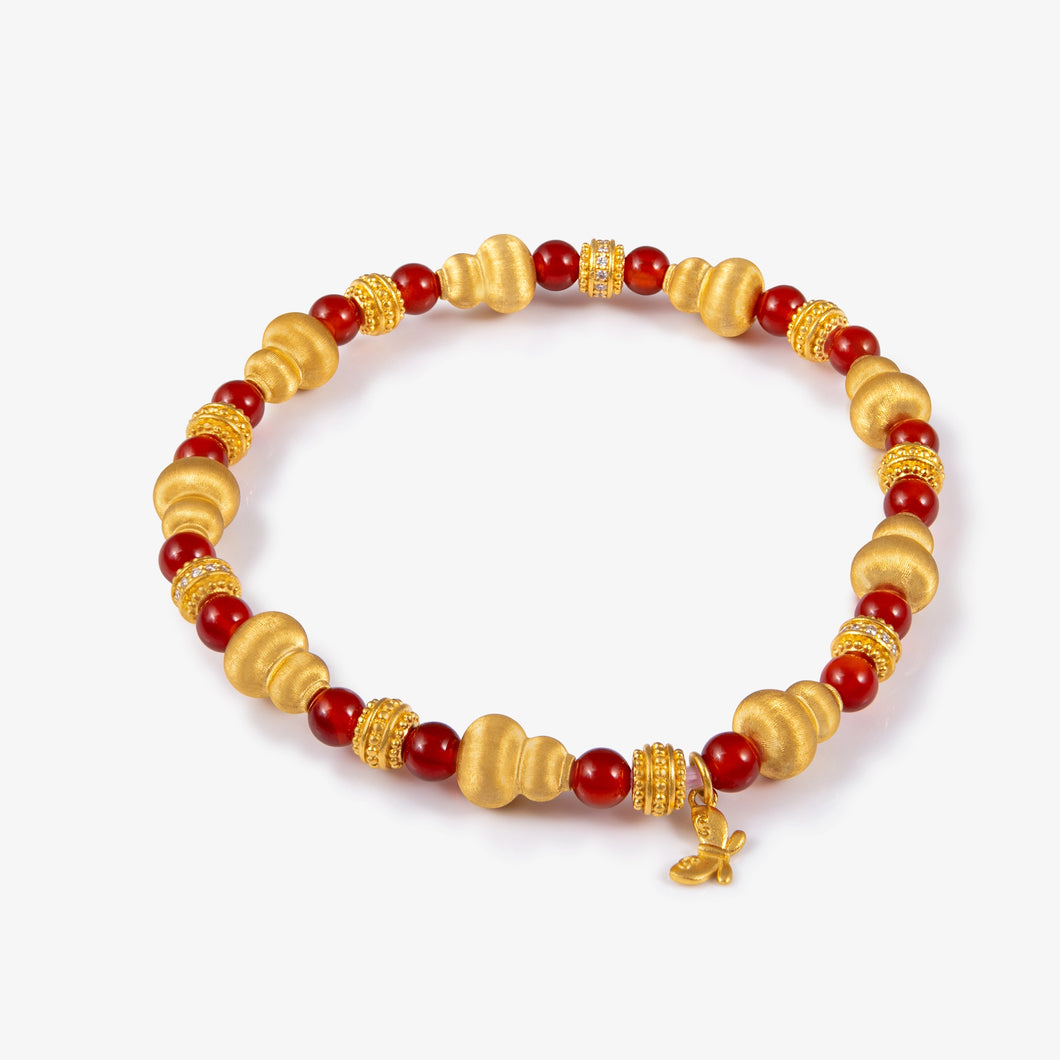 24K Antique Gold and red agate beaded bracelet with hulu Gold beads and natural diamond accents