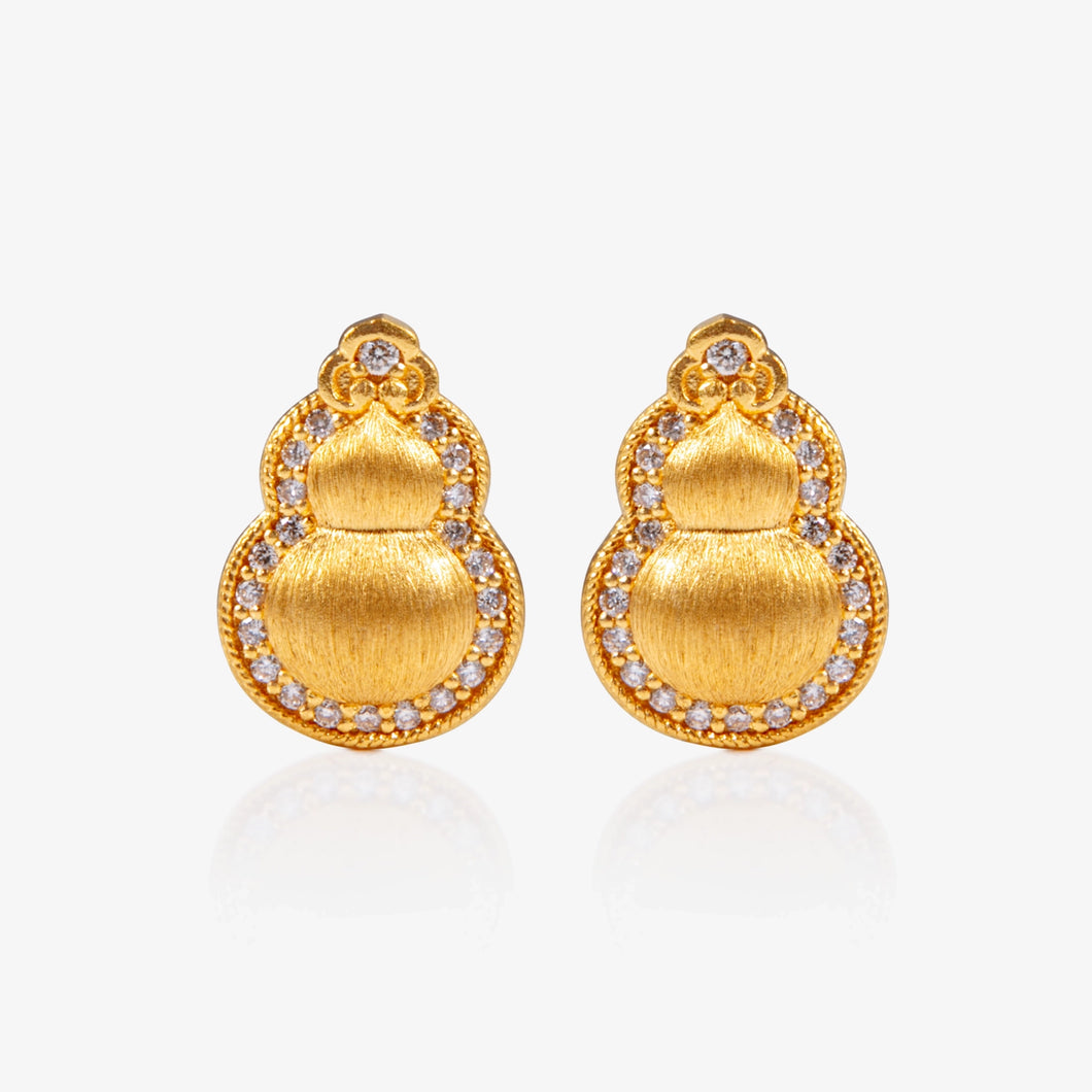 24K Antique Gold brushed hulu stud earrings with natural diamond accents and sculpted rounded form