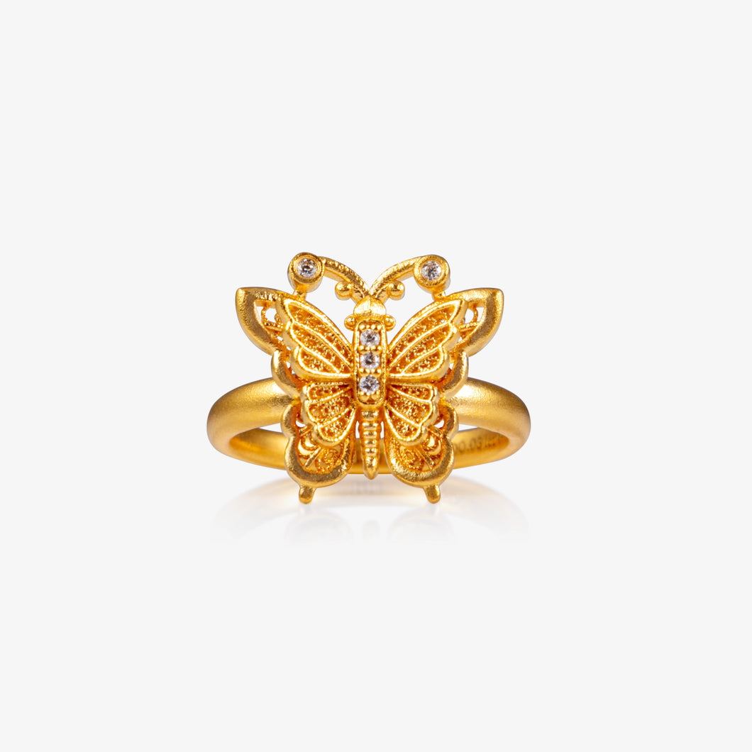 24K Antique Gold filigree butterfly ring with sculpted wings and natural diamond accents