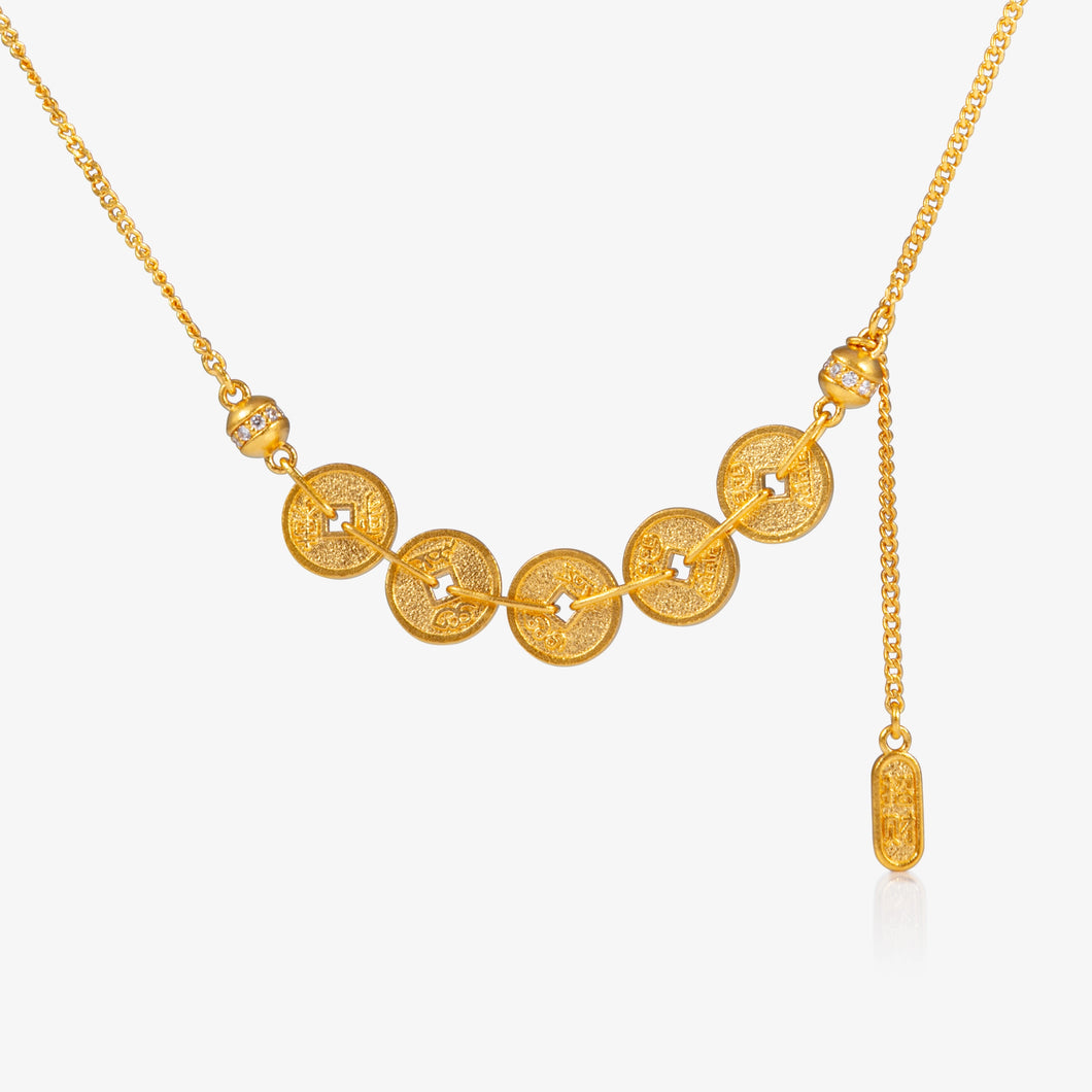 24K Antique Gold ancient coin bar pendant with carved detailing and natural diamond accents on adjustable chain