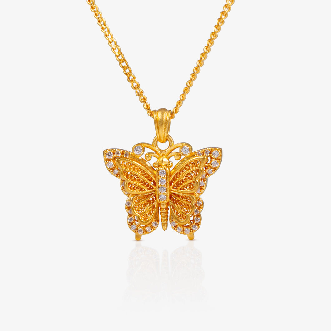24K Antique Gold Filigree Butterfly Diamond Necklace