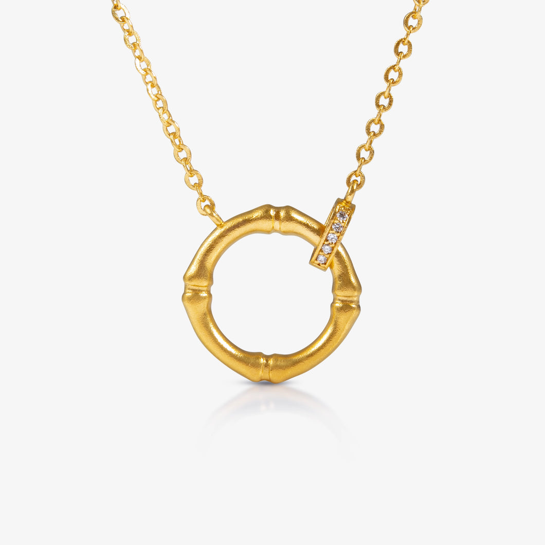 24K Antique Gold Bamboo Circle Necklace with 5 Diamonds
 竹节圆形项链配五颗钻石