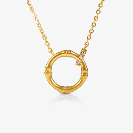 24K Antique Gold Bamboo Circle Necklace with 5 Diamonds
 竹节圆形项链配五颗钻石