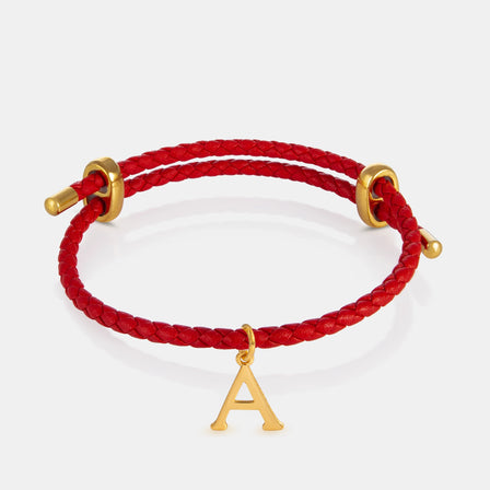 24K Gold Monogram Pendant- Letter A on red leather bracelet