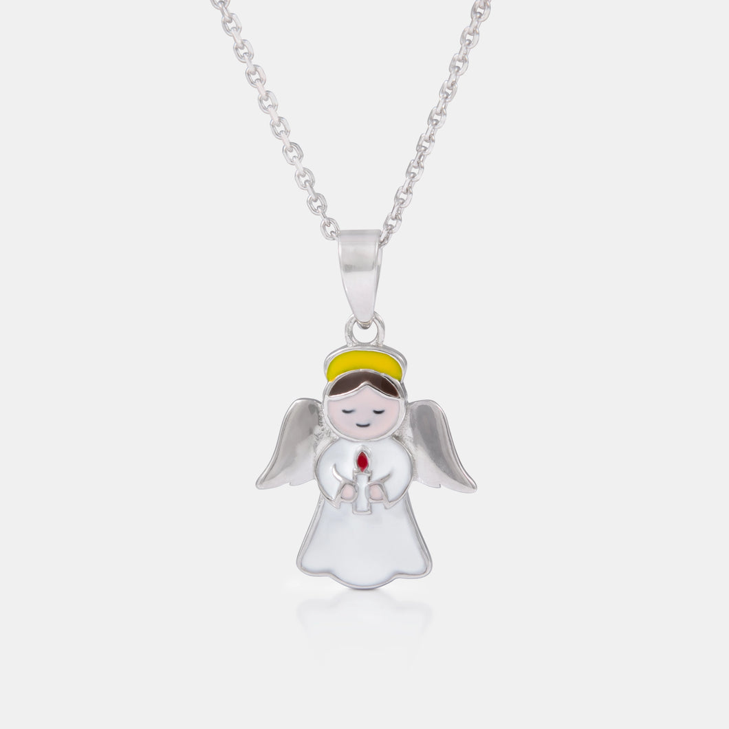 Silver angel pendant necklace on a white background with yellow enamel halo and white and red enamel candle 