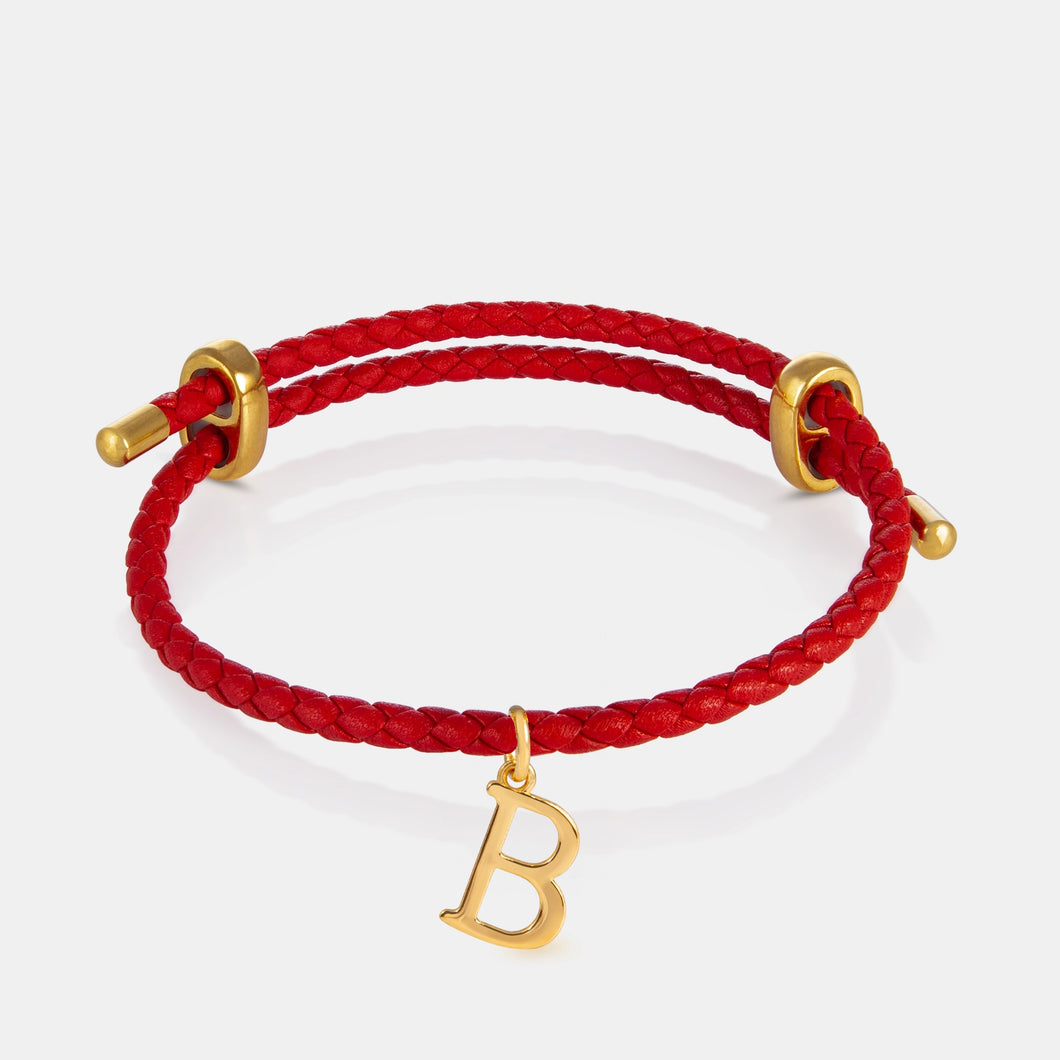 24K Gold Monogram Pendant- Letter B on red leather bracelet