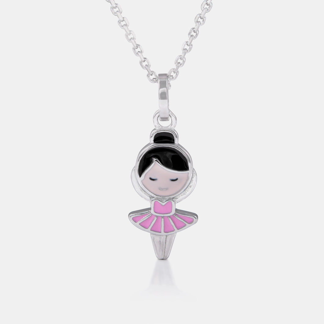 Sterling silver mini ballerina necklace front view — pink enamel dress and black enamel hair bu