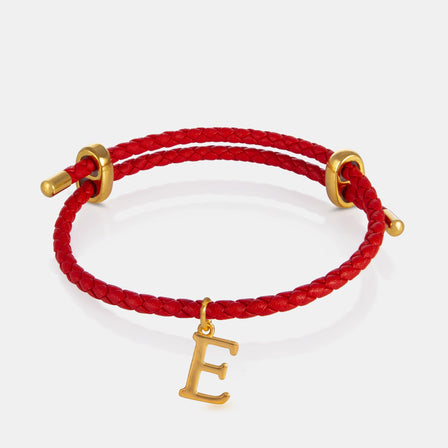 24K Gold Monogram Pendant- Letter E on red leather bracelet