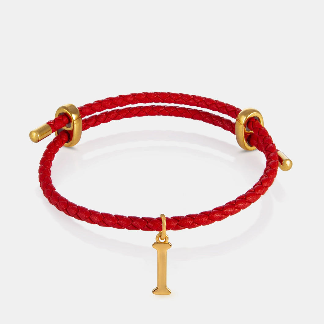 24K Gold Monogram Pendant- Letter I on red leather bracelet