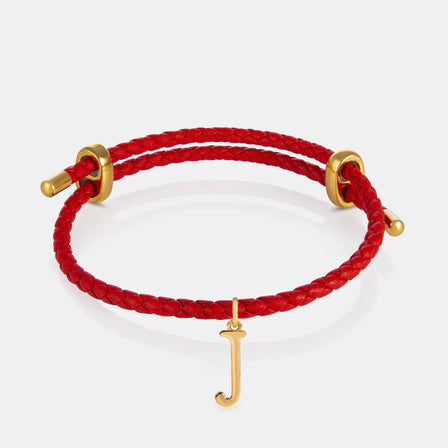 24K Gold Monogram Pendant- Letter J on red leather bracelet