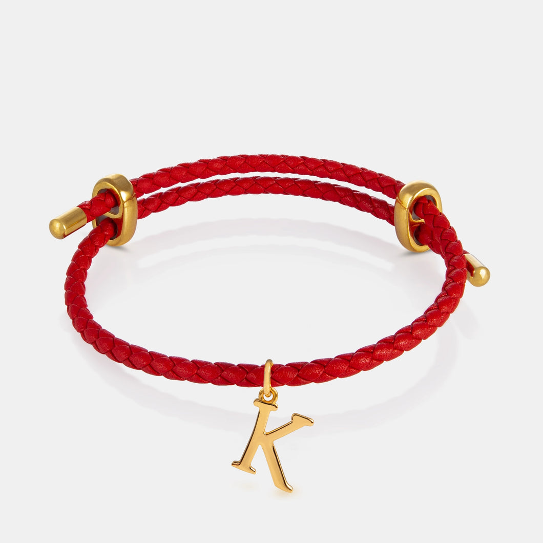 24K Gold Monogram Pendant- Letter K on red leather bracelet