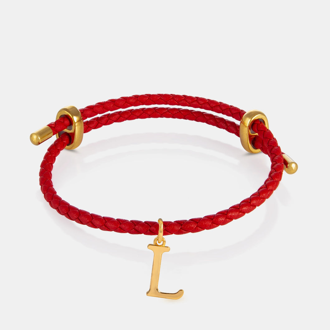 24K Gold Monogram Pendant- Letter L on red leather bracelet