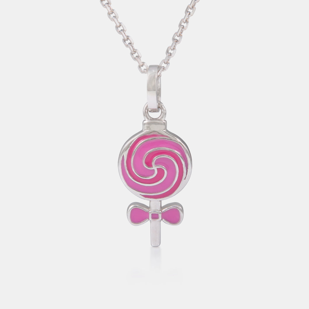 Pink lollipop-shaped pendant on a silver chain against a white background