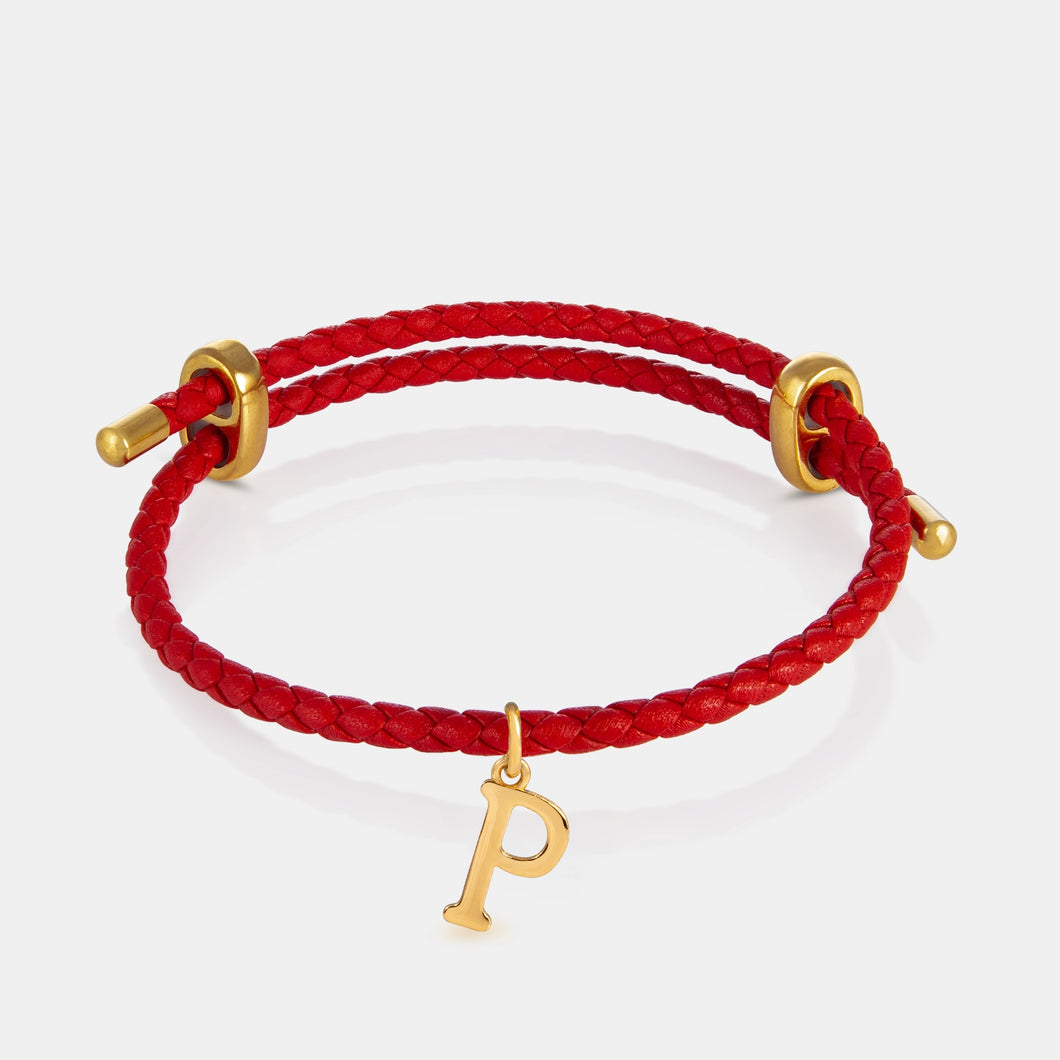 24K Gold Monogram Pendant- Letter P on red leather bracelet