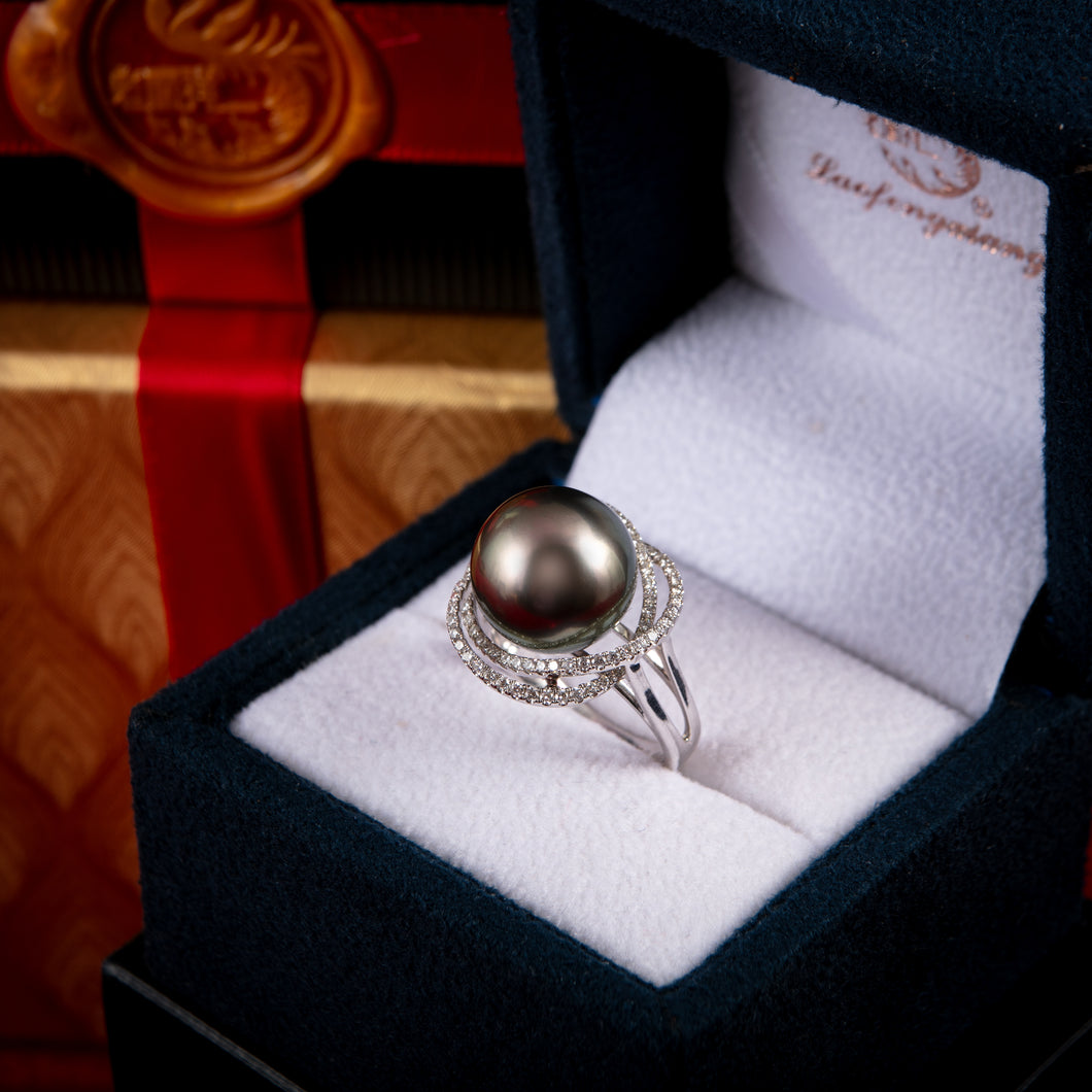 Black Tahitian Pearl and Diamond Halo Ring Ring