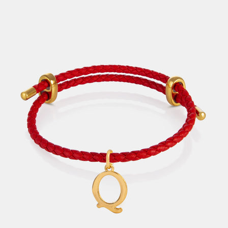 24K Gold Monogram Pendant- Letter Q on red leather bracelet