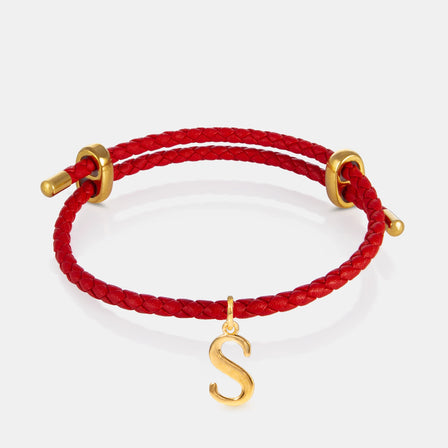 24K Gold Monogram Pendant- Letter S on red leather bracelet