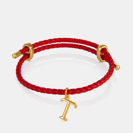 24K Gold Monogram Pendant- Letter T on red leather bracelet