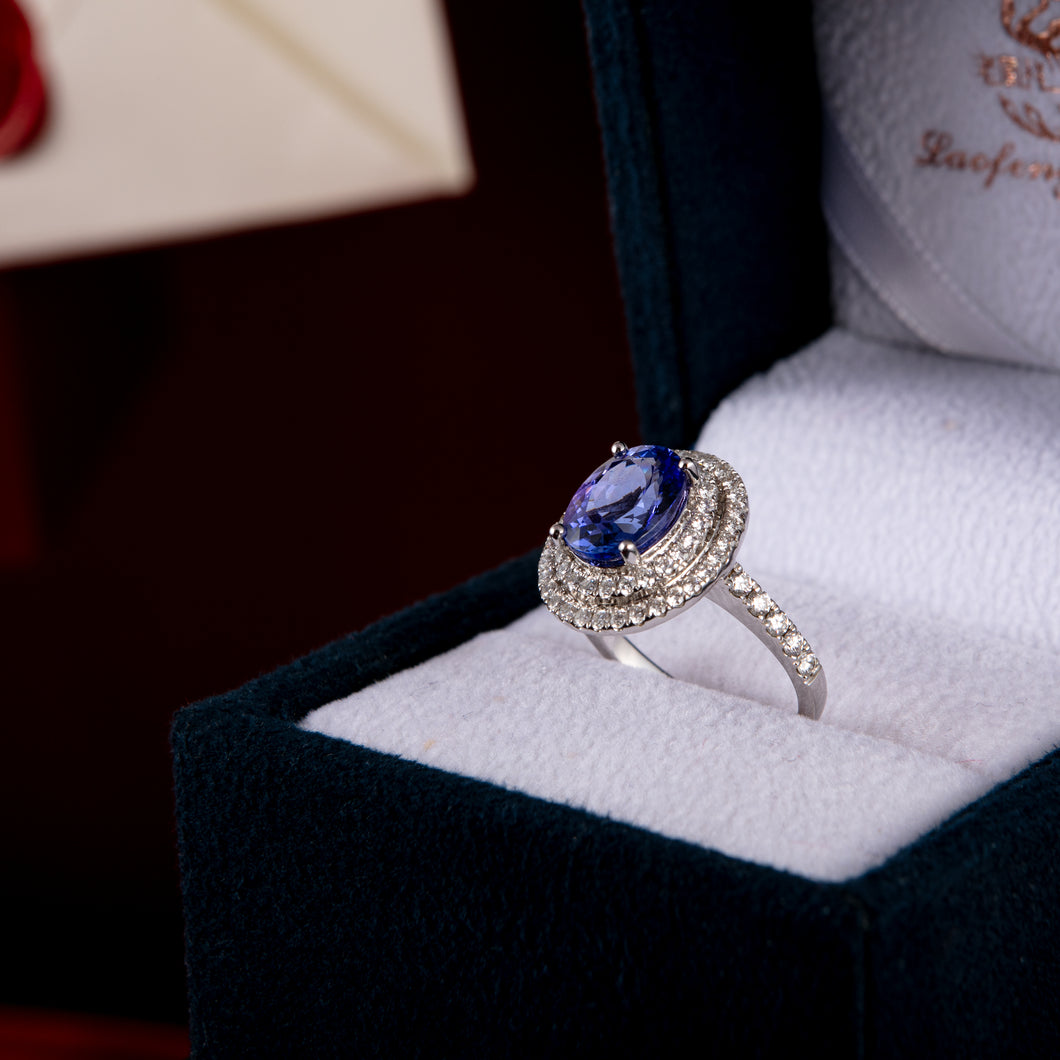 18K White Gold Tanzanite and Double Halo Diamond Ring