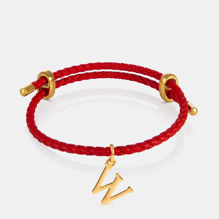 24K Gold Monogram Pendant- Letter W on red leather bracelet