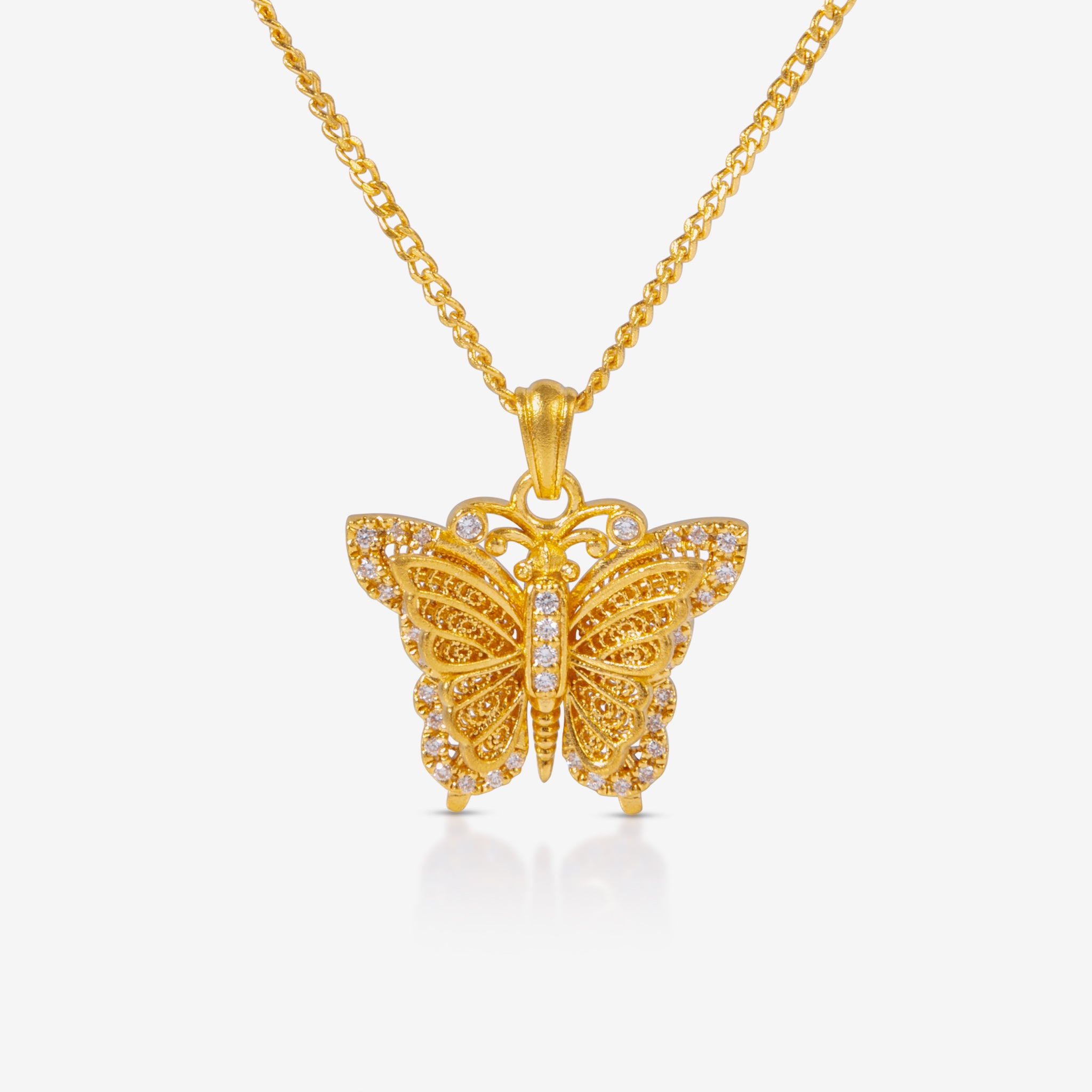 24K Gold Diamond Butterfly Filigree Necklace 老凤祥24K黄金