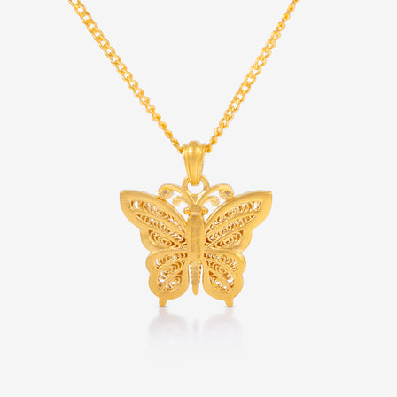 24K Antique Gold Diamond Butterfly Filigree Necklace